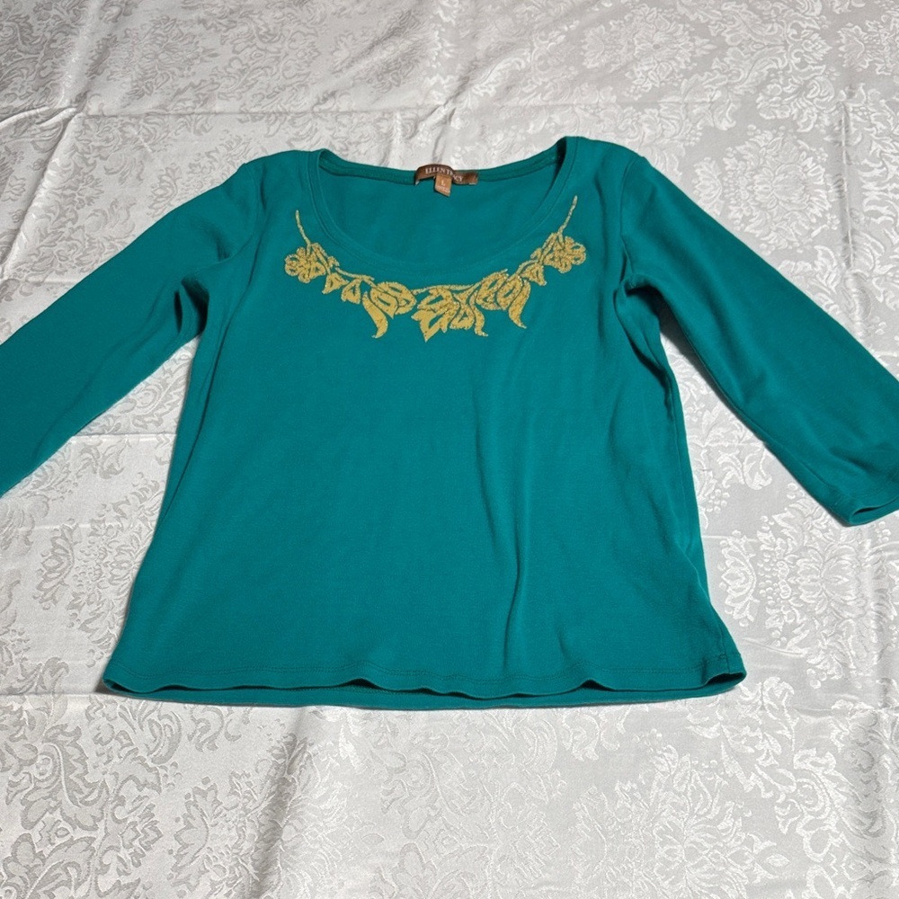 Ellen Tracy Turquoise Long Sleeve Top with Gold Leaf Design Size L